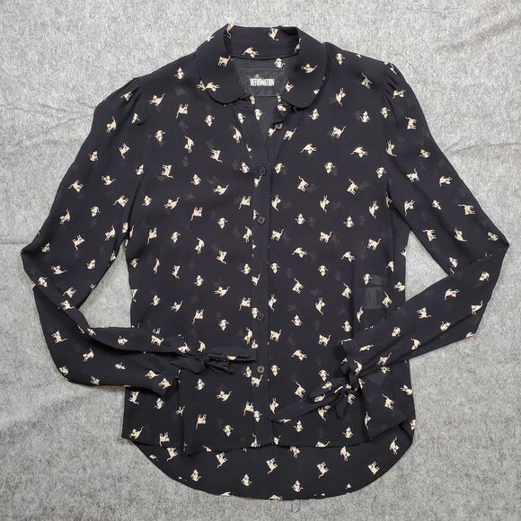Reformation Top Womens Small Button Front Cat Print Novelty Chiffon Sheer - Picture 1 of 12